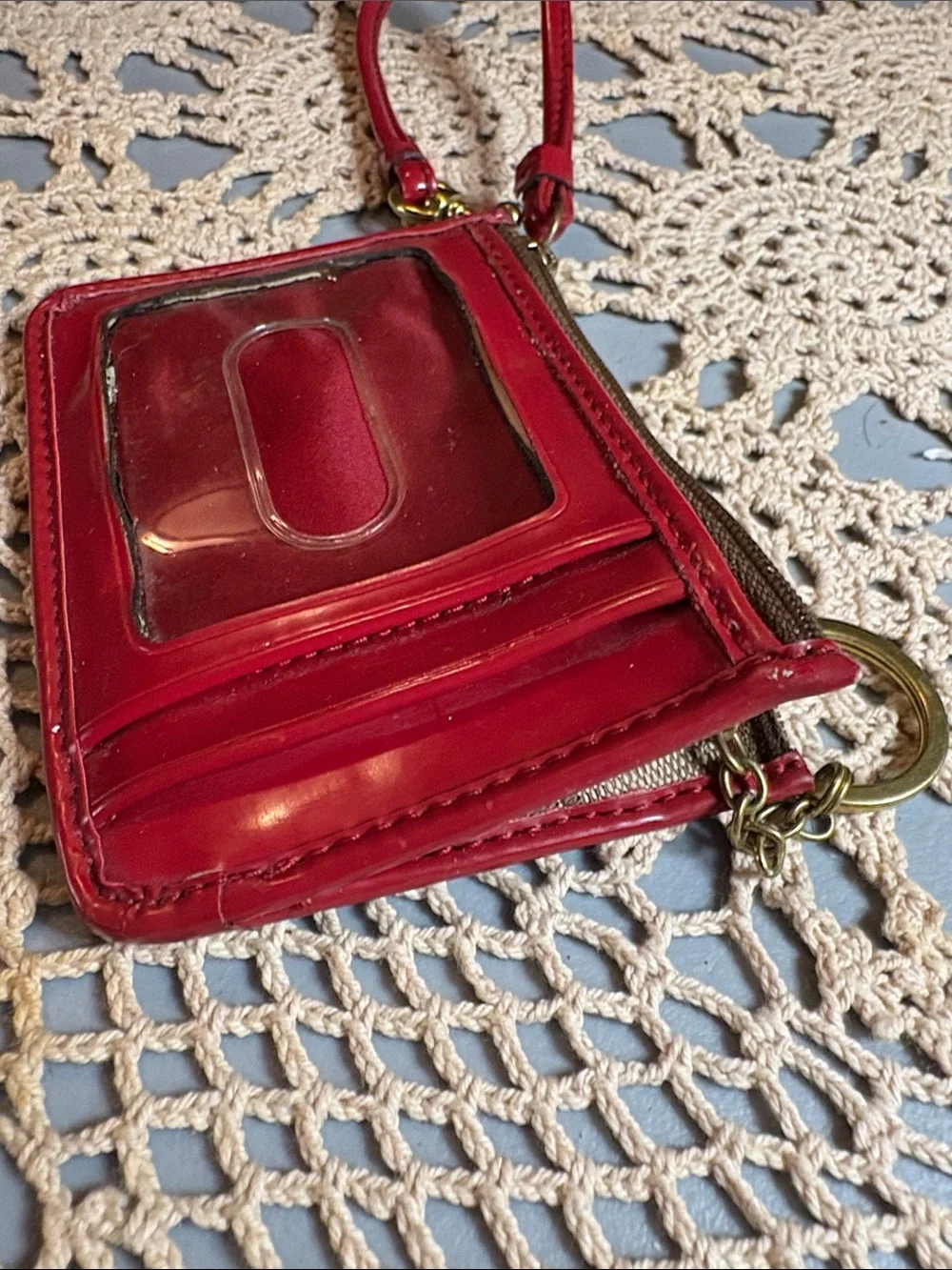 Card Tan Signature Canvas Case with Red Trim Wristlet